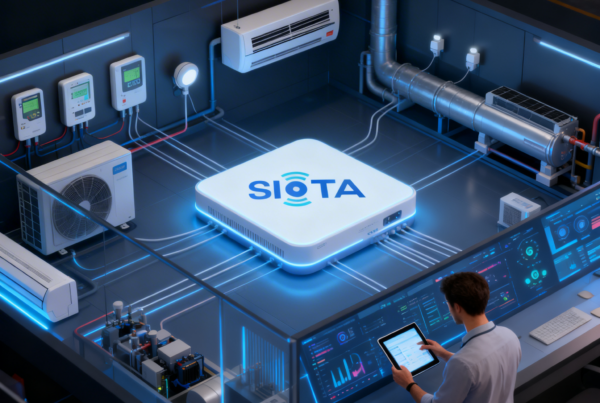 IoT platform connecting and controlling multiple facility assets including air conditioners, energy meters, and electrical systems from a centralized dashboard.