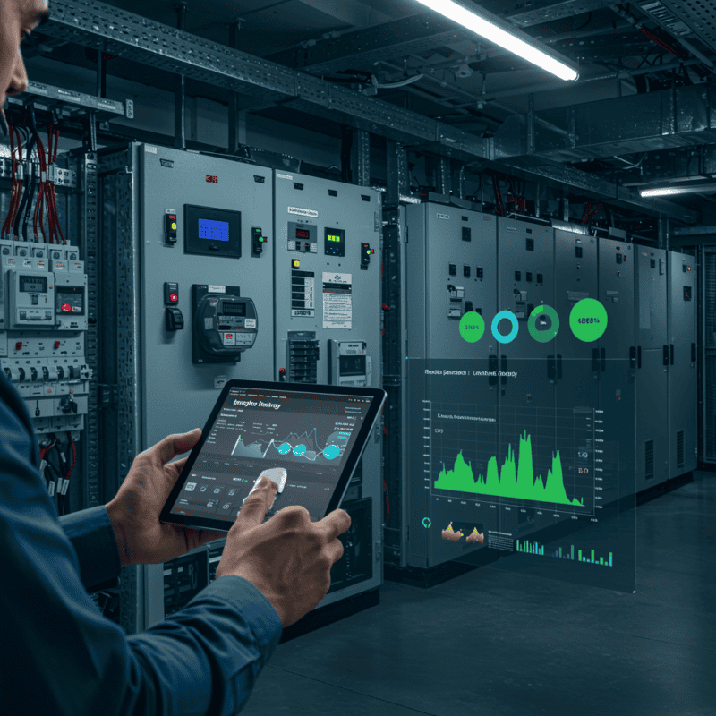 Engineer holding a tablet showing SIOTA energy monitoring dashboard while standing in front of an electrical distribution board in a commercial facility