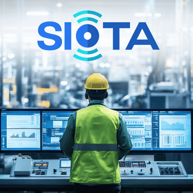 Industrial engineer in safety gear monitoring SIOTA IoT dashboard on multiple screens in a factory control room