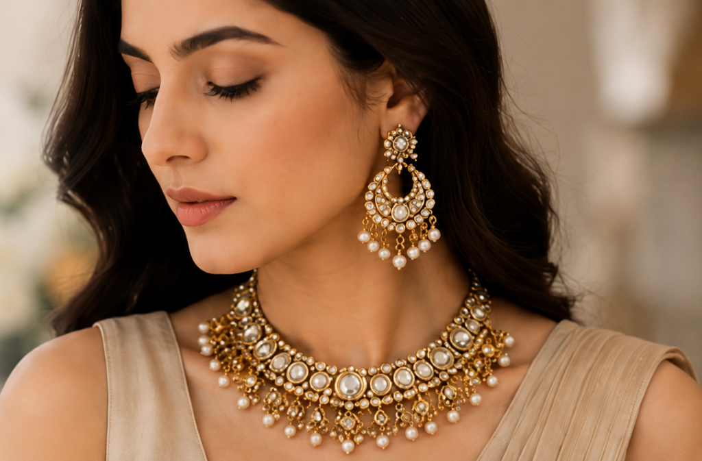 Elegant artificial jewellery collection including Korean jewellery, necklaces, earrings, rings, and bangles from TR Collection in Dwarka and Palam, New Delhi.